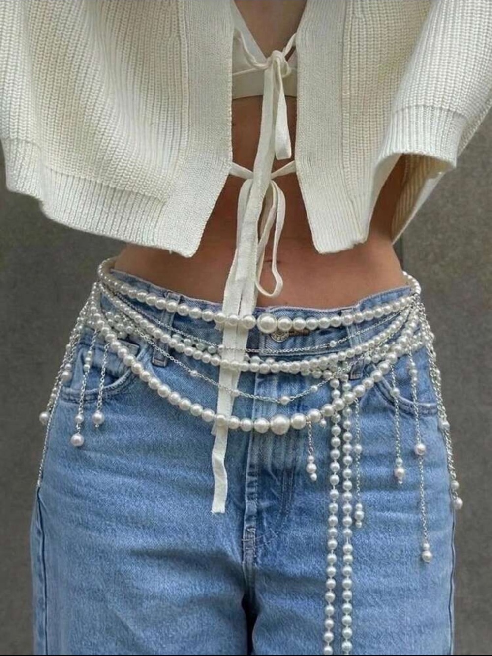 Layered Pearl Chain Waist Belt with Tassels